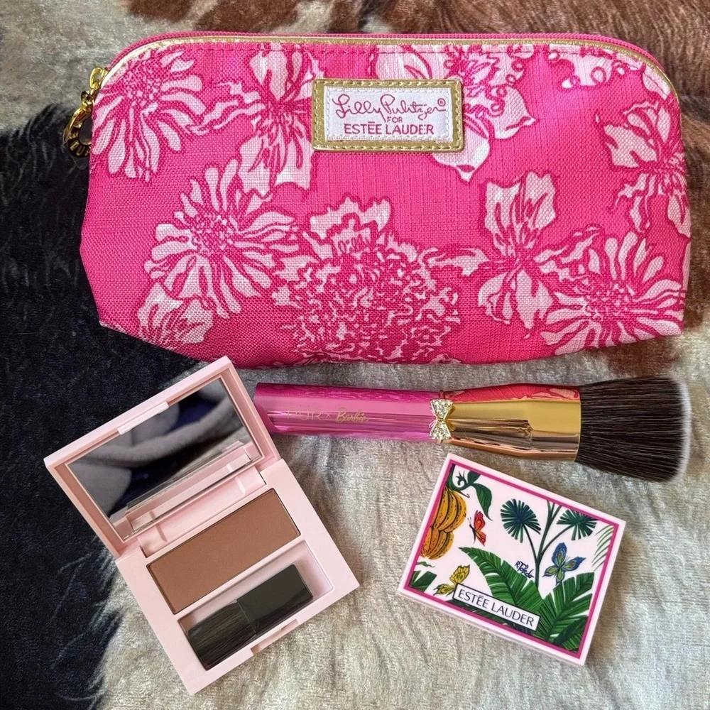 Brand New Estee Lauder x Lilly Pulitzer Cosmetic Bag Bronzers PUR Barbie Brush